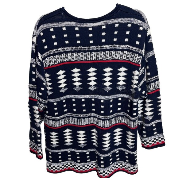 Vintage 90s Liz & Me 3D Knit Chunky Knit Sweater Geometric Navy Red White Med - Picture 2 of 6
